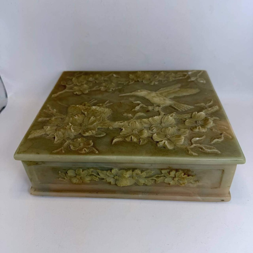 Vintage Incolay Stone Jewelry Box Hummingbird Dogwood Relief Green Marbled USA